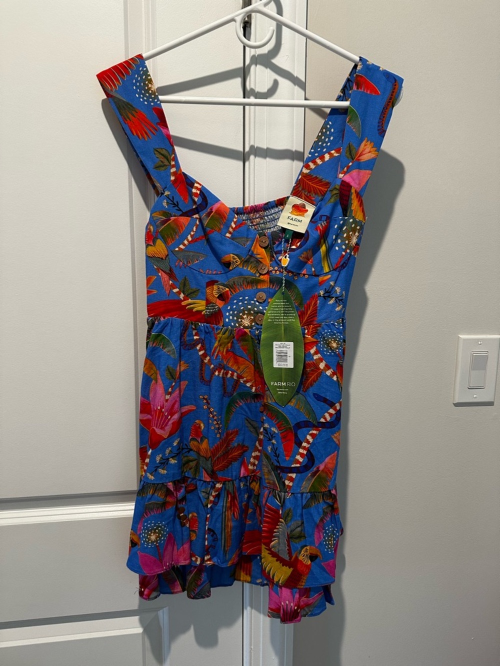 FARM Rio Blue Tropical Parrot Ruffle One-Piece NWT